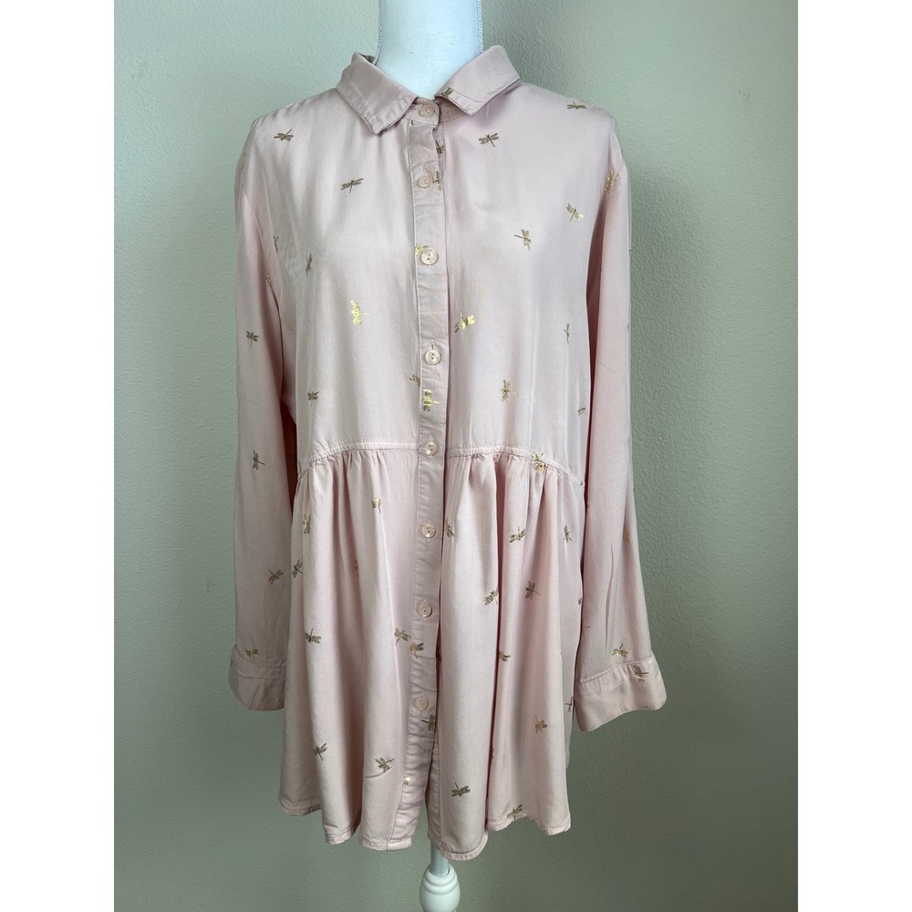 Solitaire‎ Pink Gold Dragonfly Tunic Blouse XL Babydoll Fairycore Whimsical Top